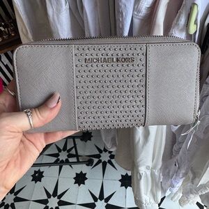 Michael Kors Zip-Around Studded Wallet in Light Taupe